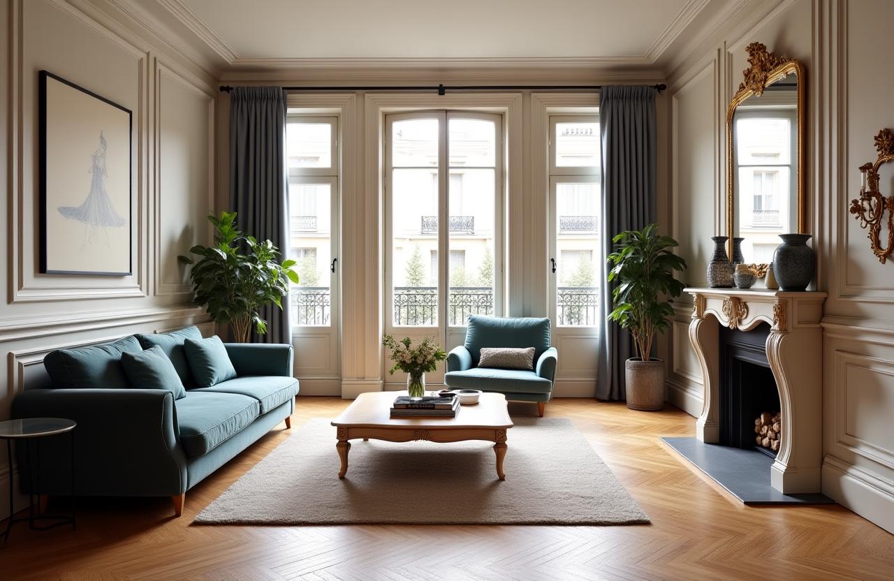 Salon lumineux d'un appartement haussmannien rénové par Éclat Intérieur, avec moulures et parquet chevrons.