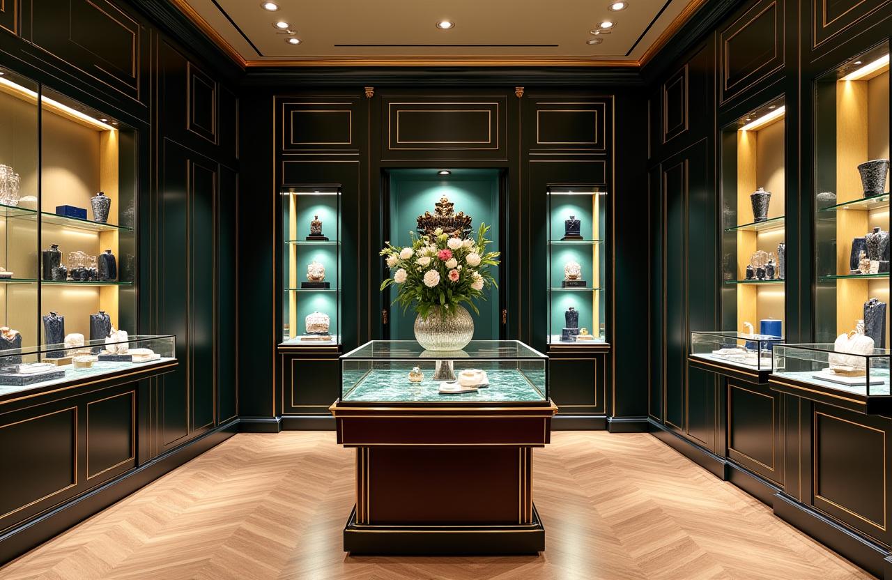 Intérieur raffiné d'une boutique de luxe sur le Faubourg Saint-Honoré, avec des finitions en laiton et des présentoirs élégants.