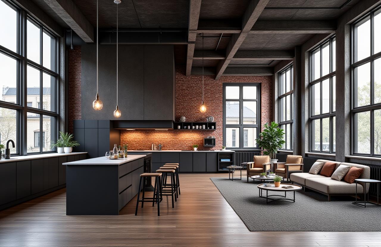 Cuisine ouverte et espace de vie spacieux dans un loft industriel parisien, avec poutres apparentes et briques.