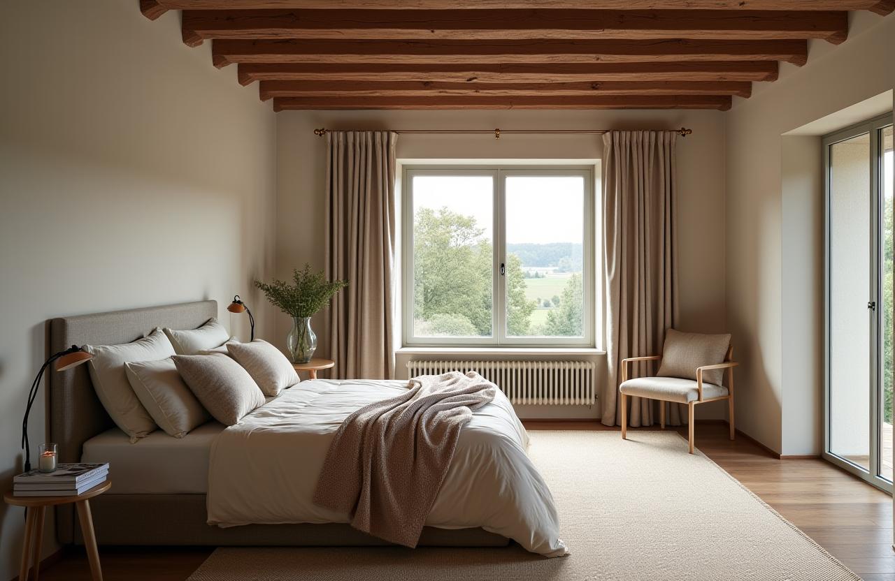 Chambre parentale cosy et élégante dans une maison de campagne normande, avec vue sur la nature.